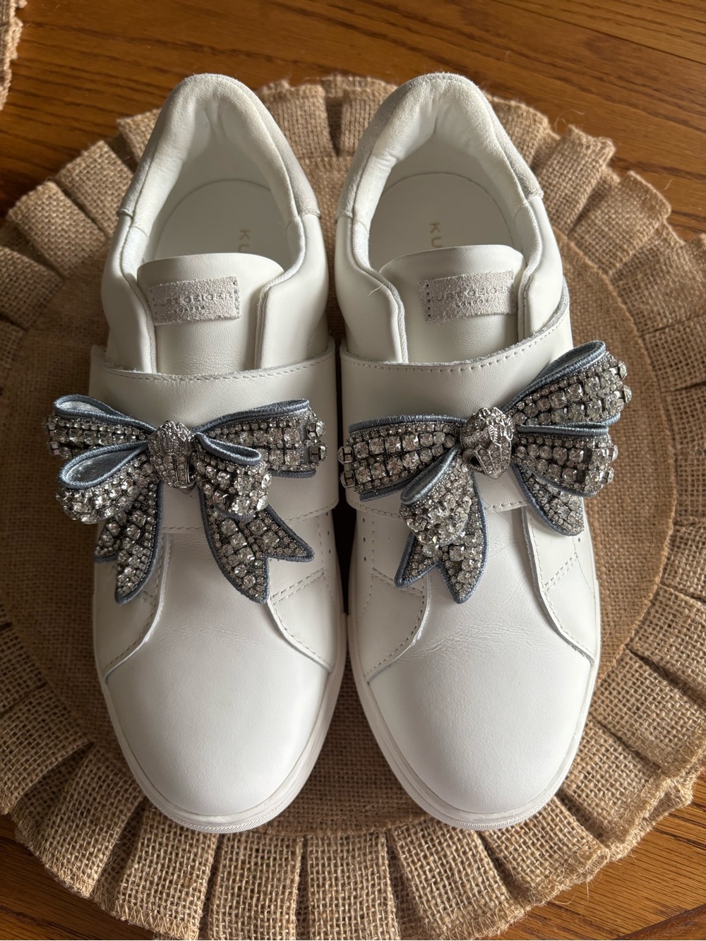 Kurt Geiger White Sneakers with Crystal Bow Embellishments